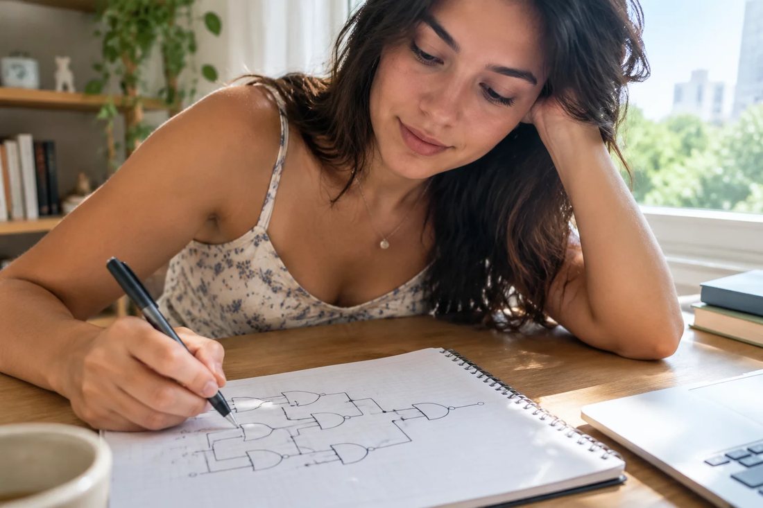 Participante de pé sustentando uma posição enquanto o grupo sentado à mesa toma nota