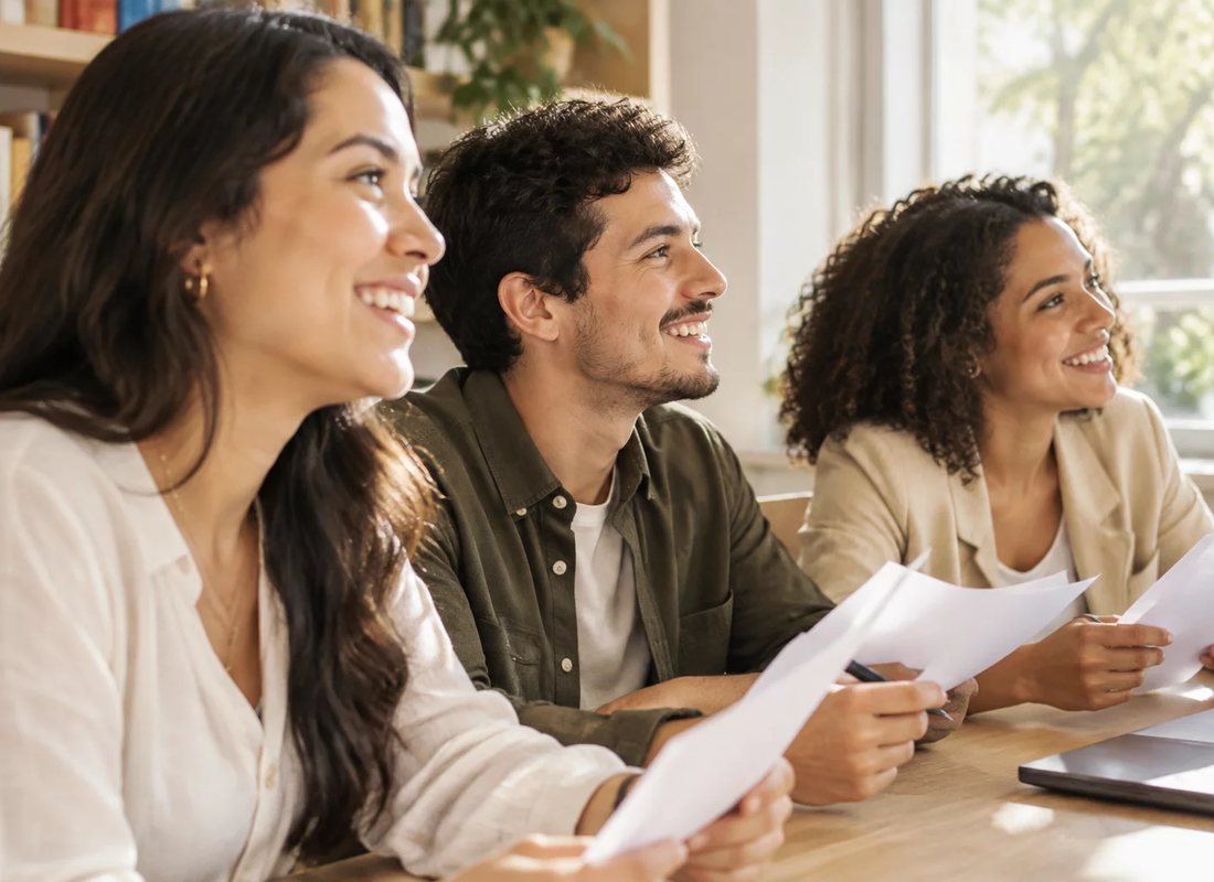 Grupo rindo no fim de uma rodada, ainda com as folhas de anotação na mão